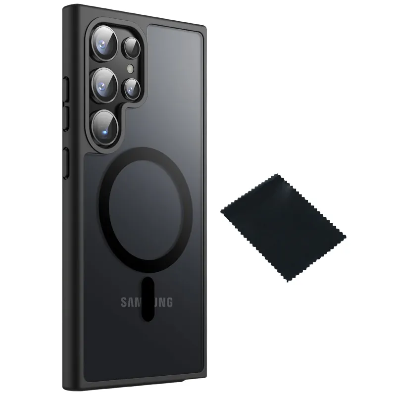 Husa de protectie pentru Samsung Galaxy S23 ULTRA, SINBINTA, Cu laveta, Airbag incorporat, Rezistent la cadere, Antisoc, Anti alunecare, Usor de instalat, Portabil, Senzatie de piele inghetata, Moale, TPU/PC/Magnet, Negru