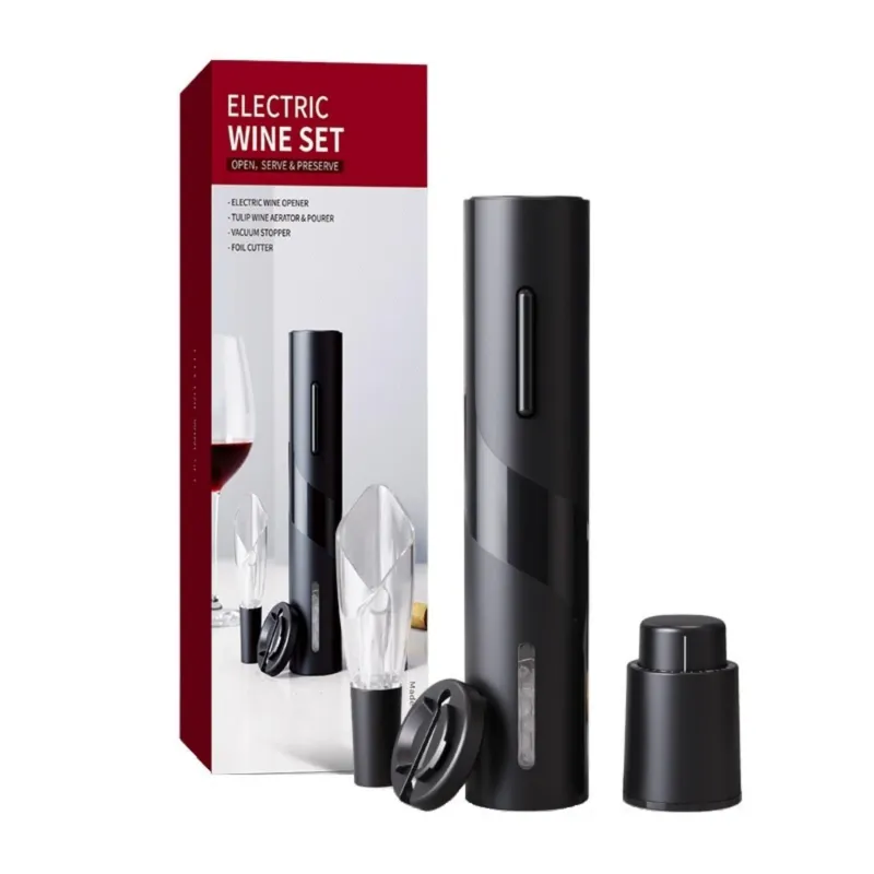 Set Desfacator Electric Vin Leccik® 4-in-1, Tirbuson Automat cu Incarcare USB, Include Taietor de Folie, Aerator, Dop de Vid, Design Ergonomic, Ideal pentru Acasa si Petreceri, Negru Elegant