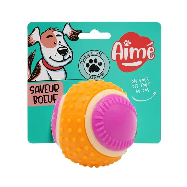 Jucarie pentru caini Aime 5 Senses, minge de cauciuc cu aroma de vita, 6 cm, multicolor