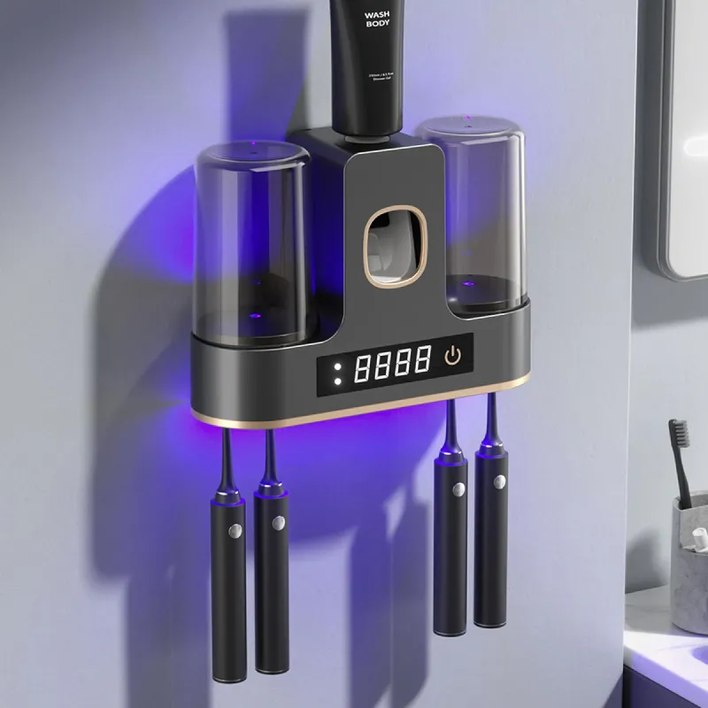 Sterilizator UV Pentru Periute, Suport 4 Periute, Eficienta Dezinfectare 99.99%, Suport Periute Dinti Inteligent Cu Functie Uscare La 55°C Si Dispenser Automat Pentru Pasta De Dinti, Display HD, Montaj Facil Fara Gauri, Negru