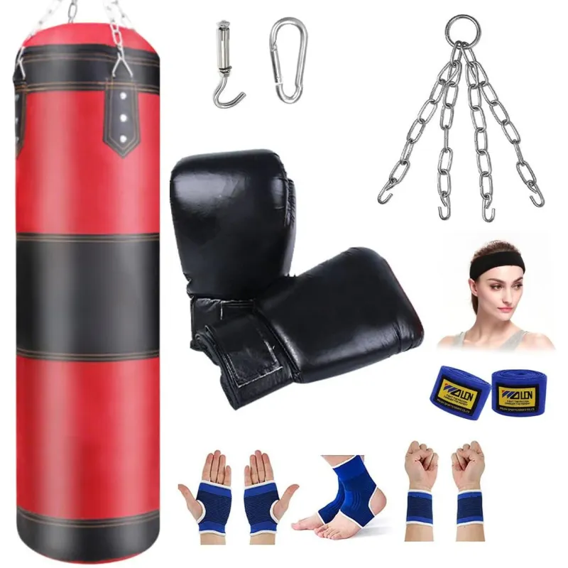 Sac de box ALLFYL 120cm, set 10 piese, piele ecologica premium, cu carlig si lant, sac de antrenament pentru adulti, Saci de nisip goi, fara material de umplutura, Rosu