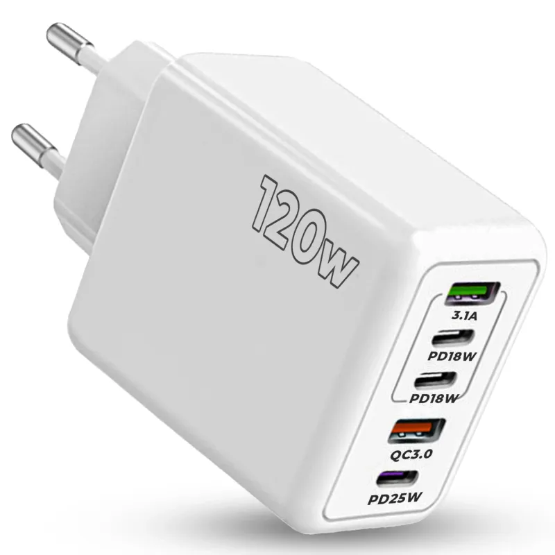 Incarcator Retea Timebox, 5 Porturi, 120W Fast Charge, 3 x Type-C, 2 x USB, Compatibil iPhone, Samsung, Huawei, Alb