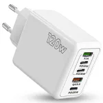 Incarcator Retea Timebox, 5 Porturi, 120W Fast Charge, 3 x Type-C, 2 x USB, Compatibil iPhone, Samsung, Huawei, Alb