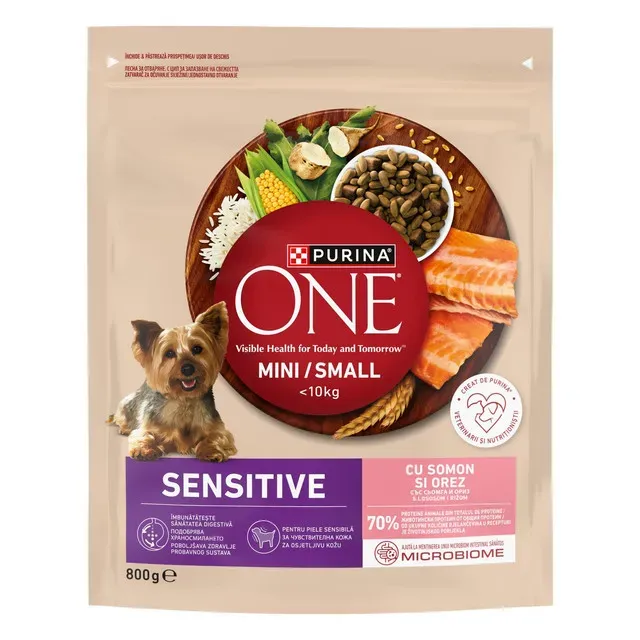 Hrana uscata pentru caini Purina One Mini Sensitive, somon si orez, 800 g